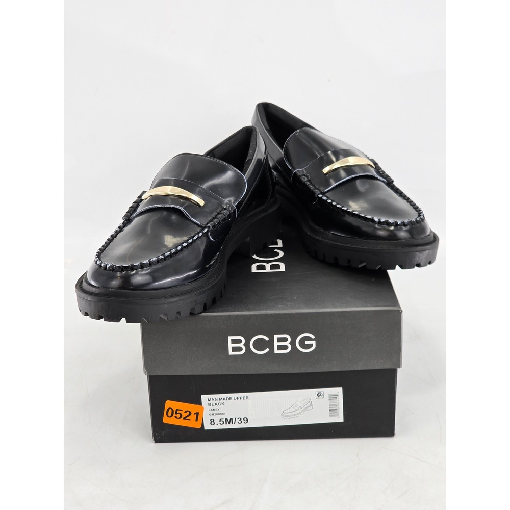 BCBG Laney Loafers Women 8.5 Black Lug Sole Gold Hardware GN260901 - Excellent